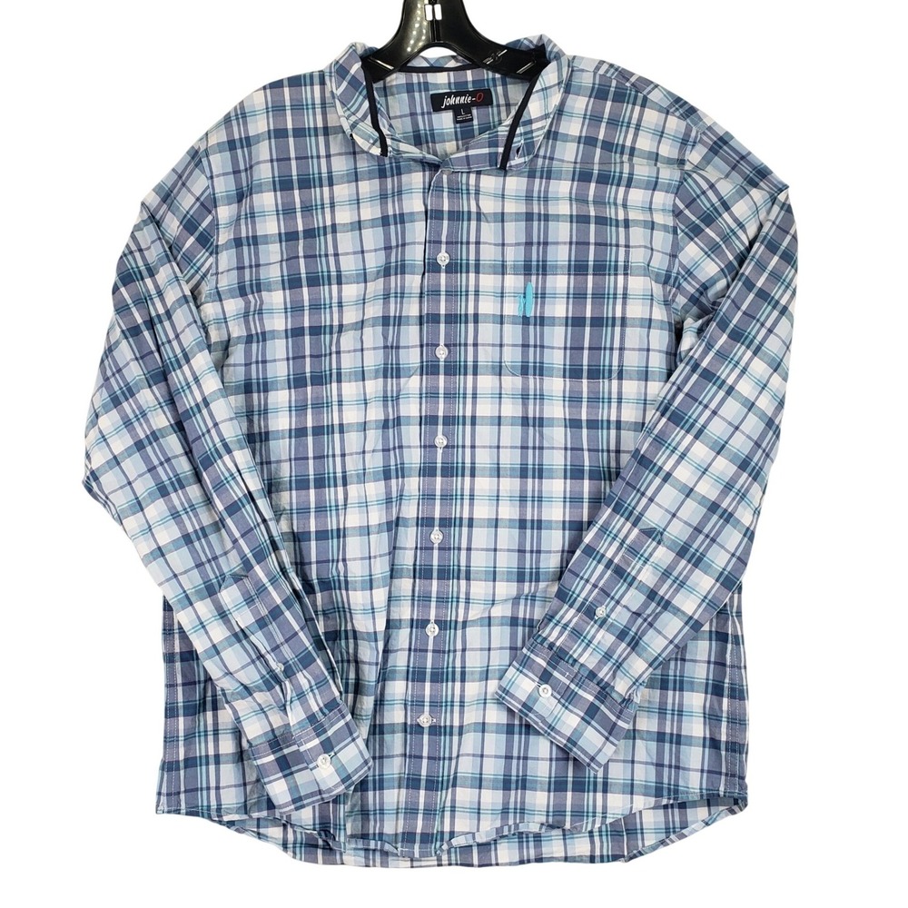 Johnnie-O‎ Plaid Button Down Shirt Mens L Blue Coastal Preppy Long Sleeve